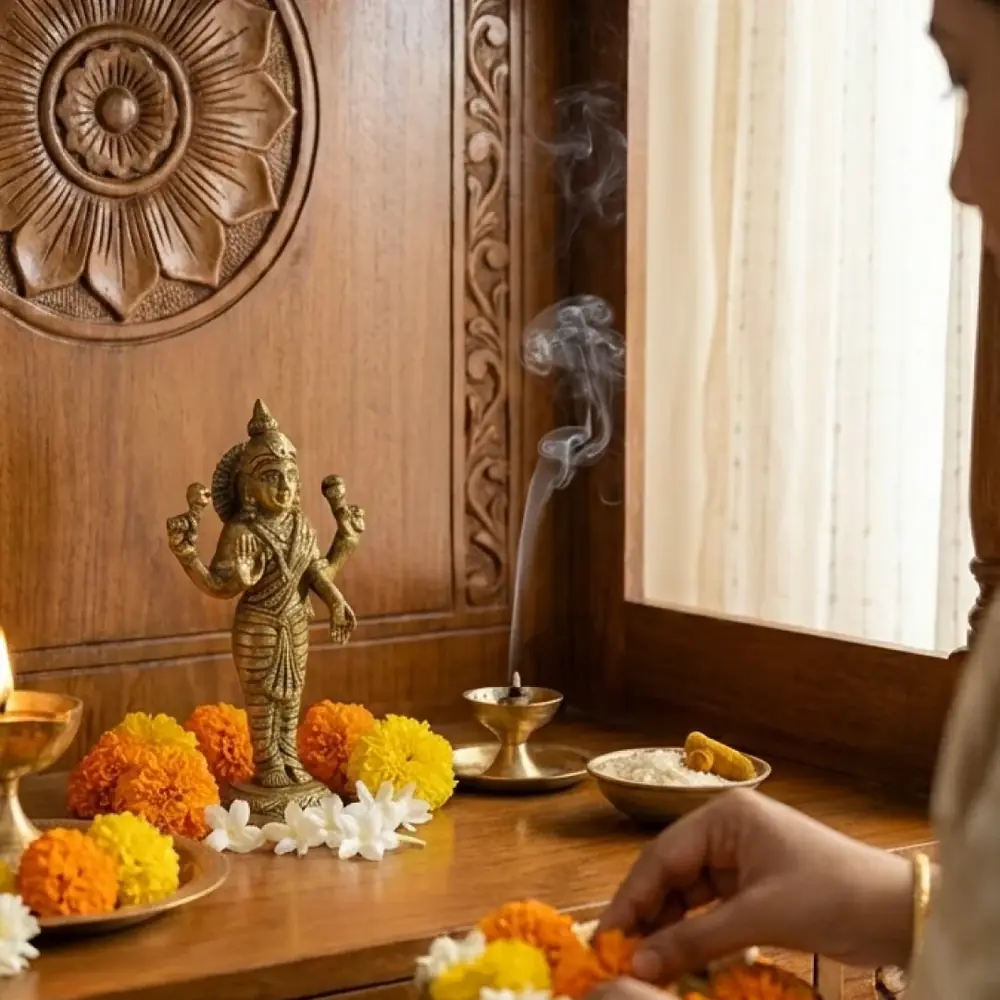 The idol on a carved wooden shelf with flowers and incense