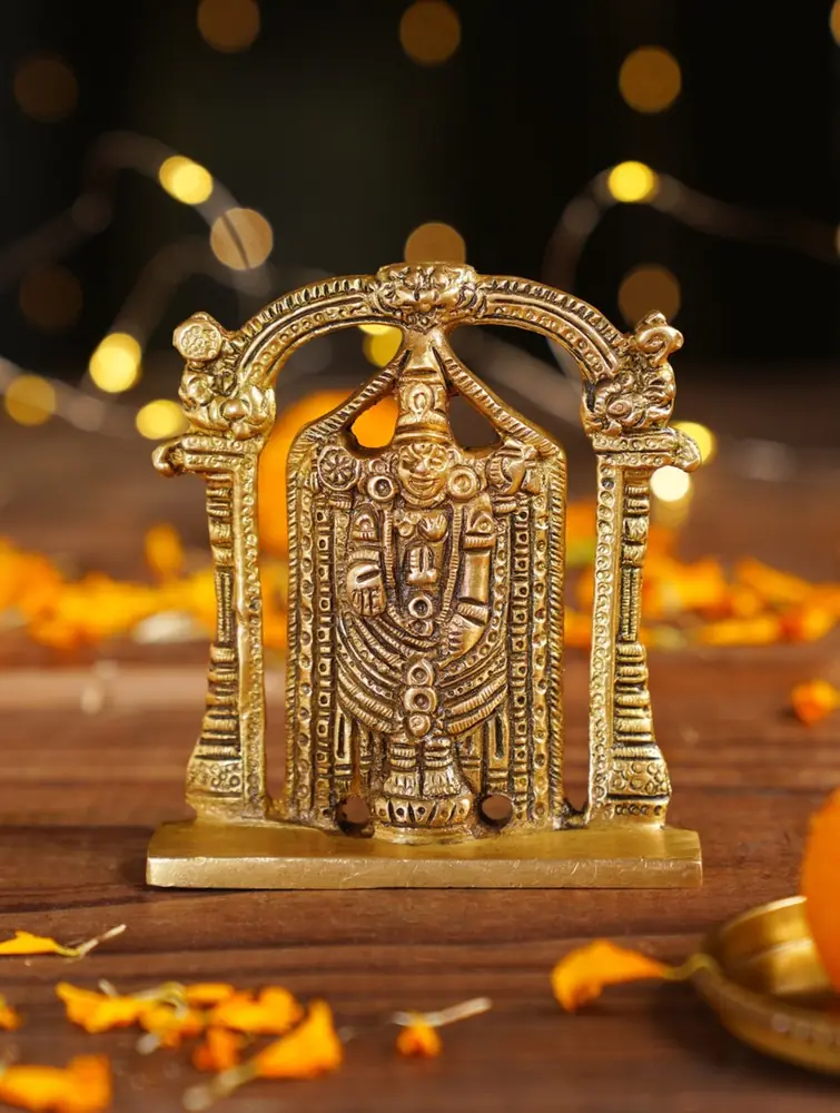 Brass Balaji standing under an arch, front view