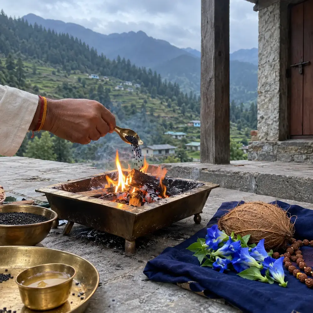 Hands offering into a havan fire on a hillside, an illustration for the ritual