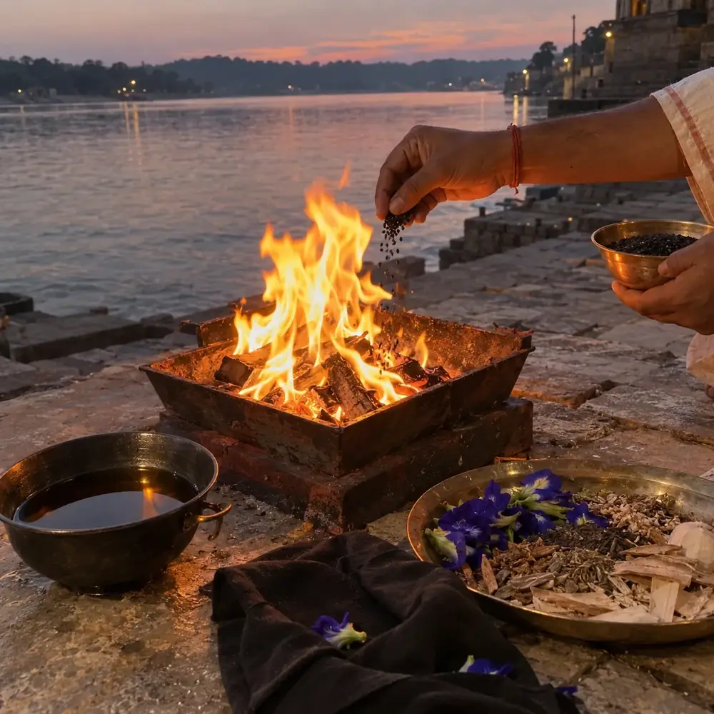Havan fire beside a river at sunset, an illustration for the ritual