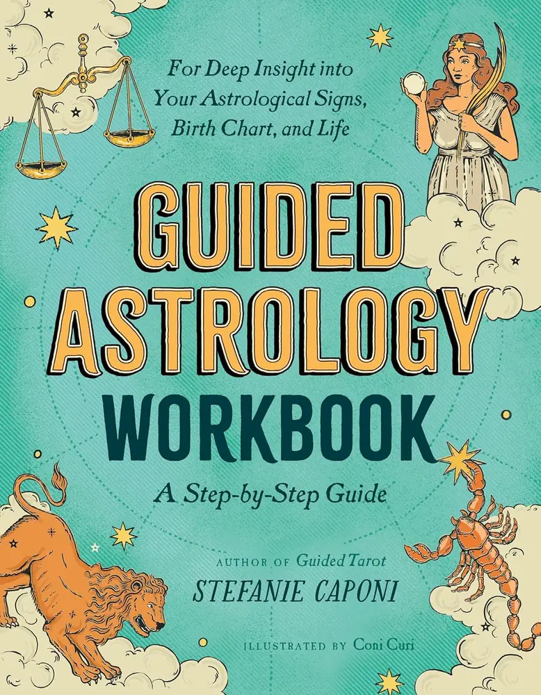 Front cover of the Guided Astrology Workbook, teal with illustrated zodiac figures