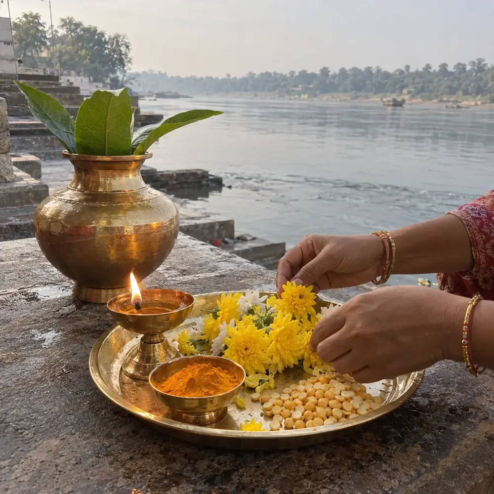 Brass plate with flowers and a lamp beside the Narmada, an illustration for the puja