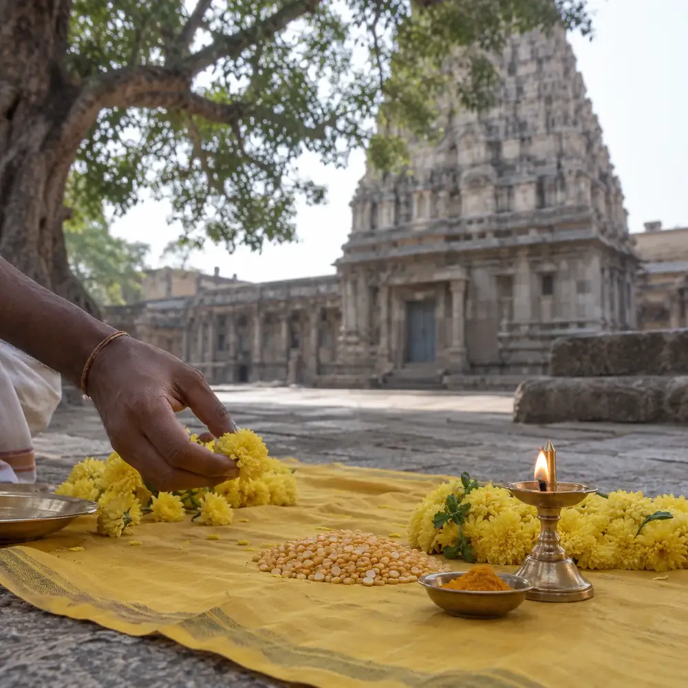 Hand placing yellow flowers on a cloth beside a lamp, with a stone temple behind
