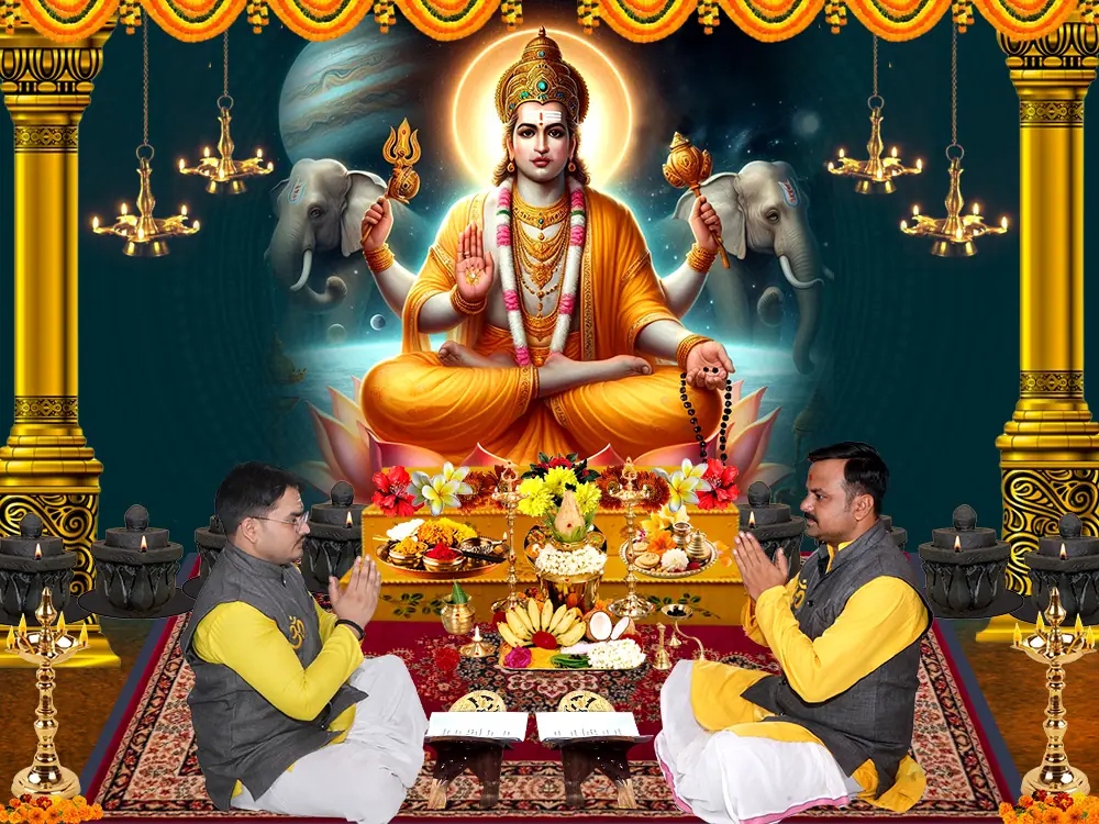 Illustration of Guru with two priests seated at a puja, not a photograph