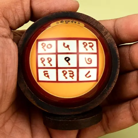 The framed yantra held in a hand for scale