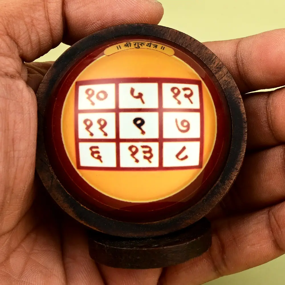 The framed yantra held in a hand for scale
