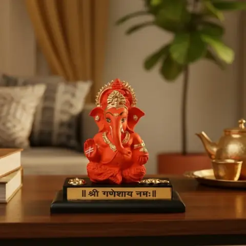 The idol on a wooden shelf with a lamp behind