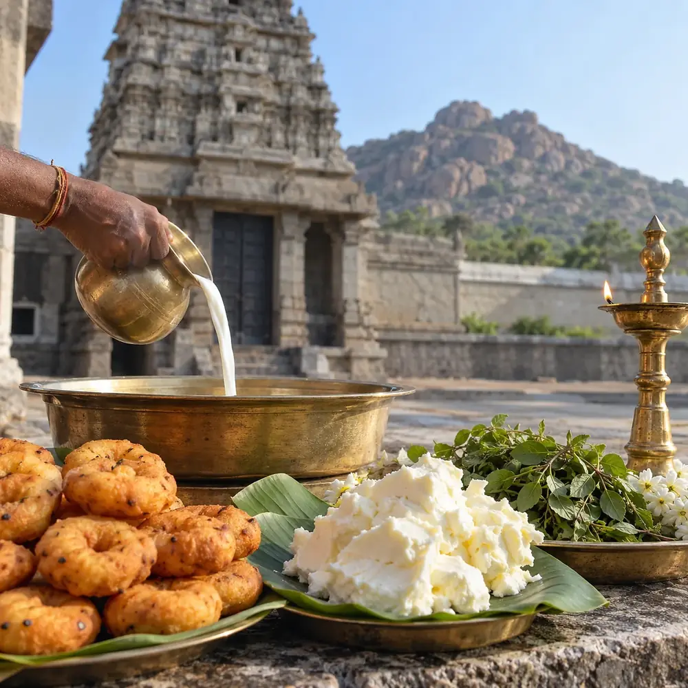 Liquid being poured into a brass bowl beside vadas and curd, with a stone temple behind