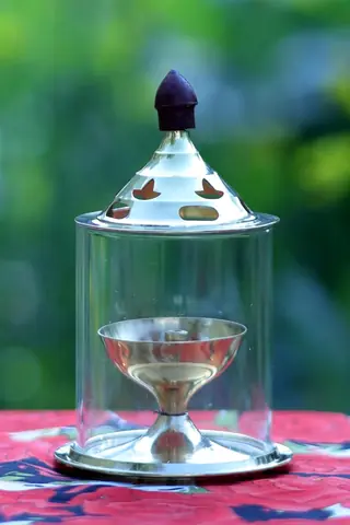Same lamp from another angle against green leaves