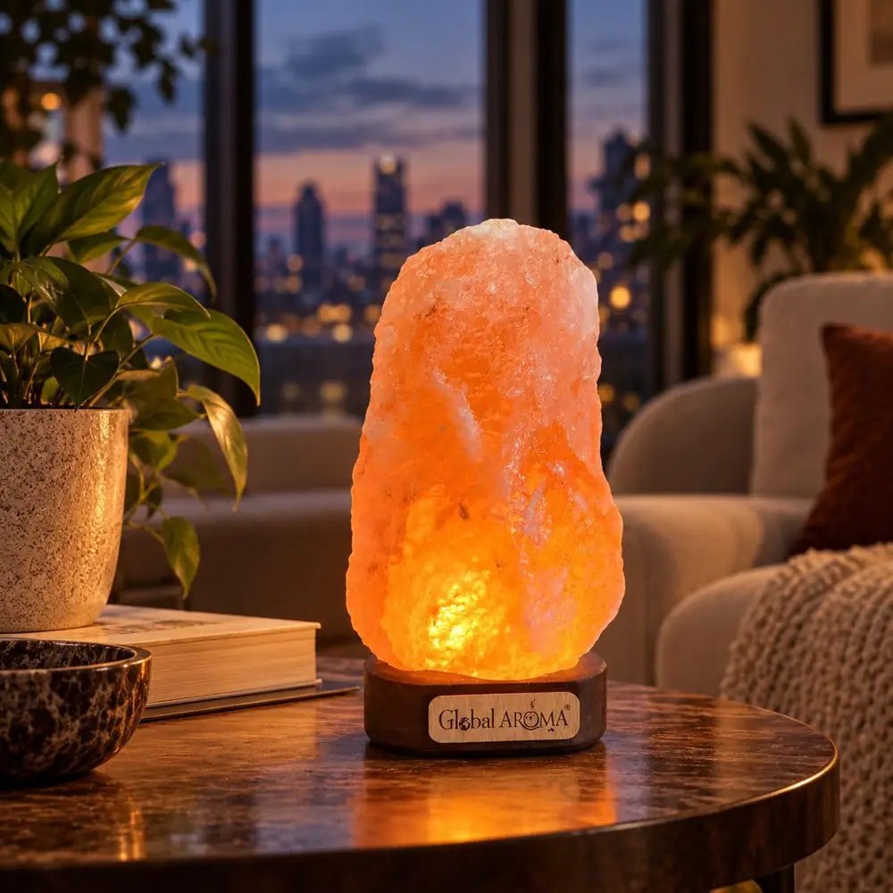 The salt lamp on a table in a living room