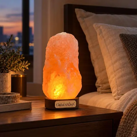 A lit salt lamp on a bedside table