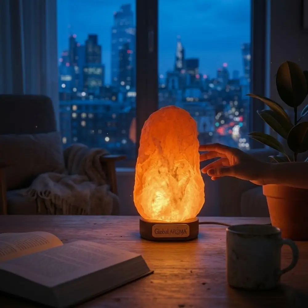 A lit salt lamp on a ledge with a city view behind it