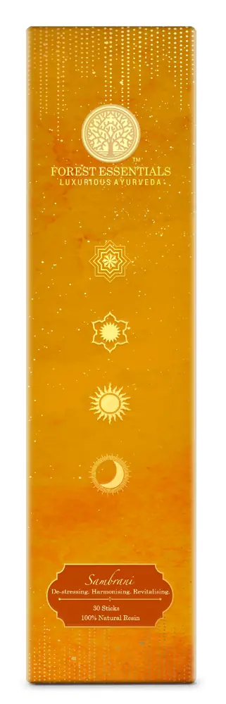 Front of the tall orange and gold sambrani incense carton