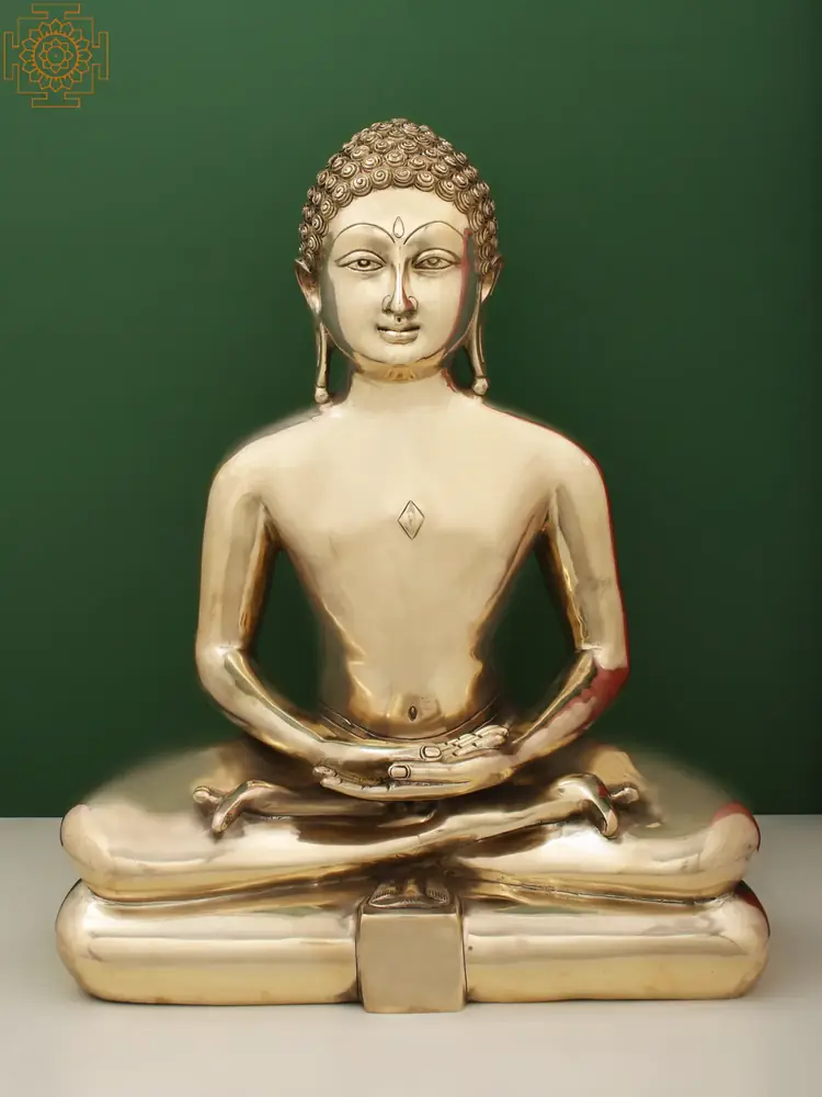 Seated brass Mahavira Swami, front view