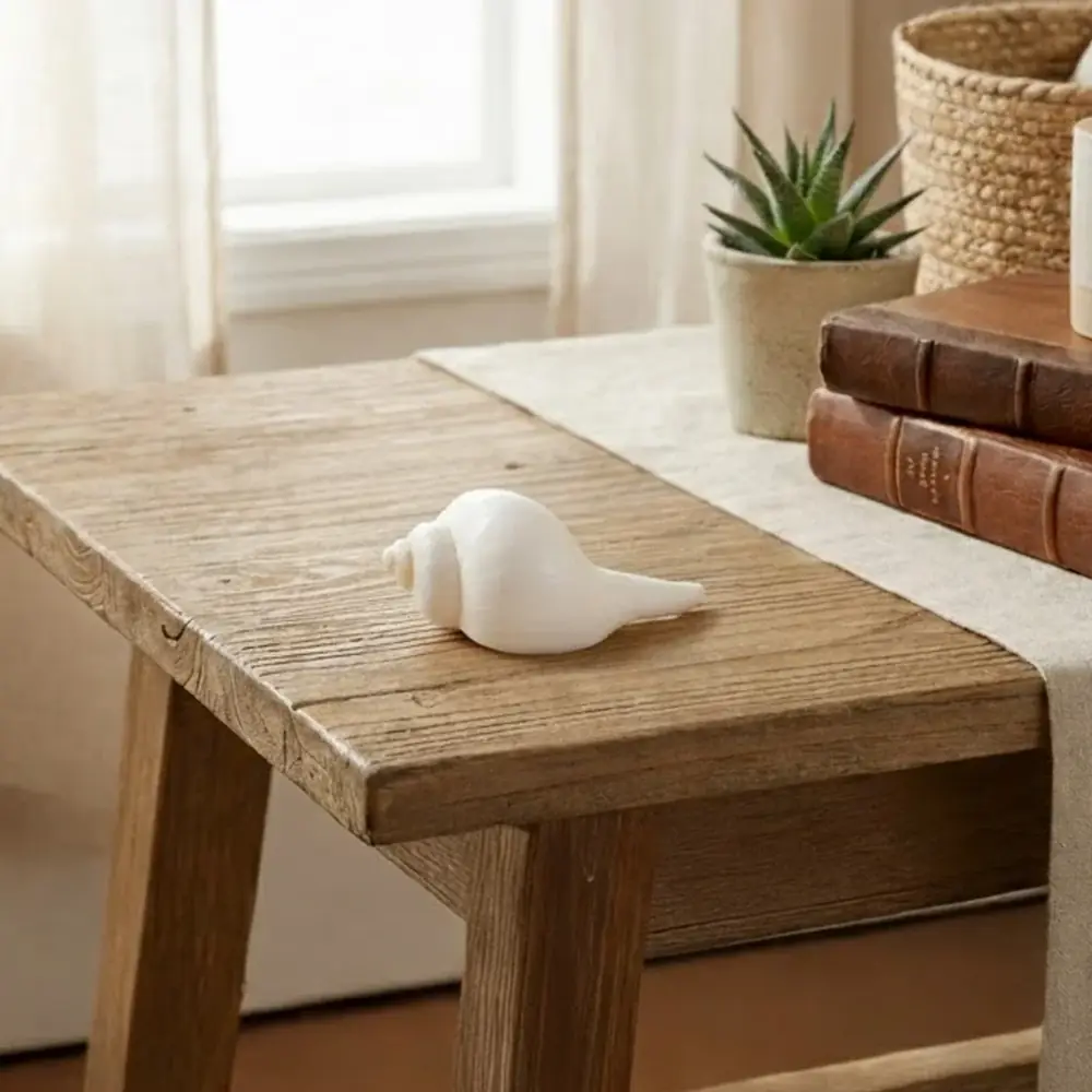 The conch on a wooden table in a room with books and a plant