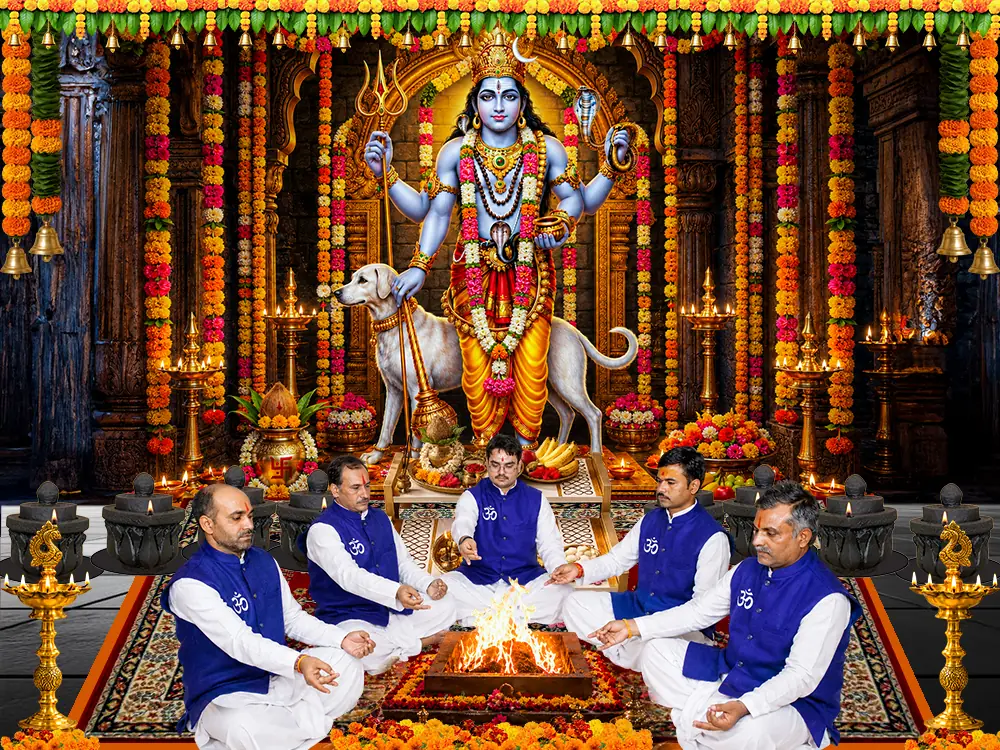 Illustration of Kaal Bhairav with priests seated at a havan below