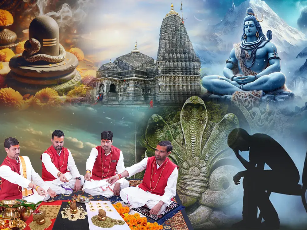 Illustration of Shiva, a temple and a serpent above priests at a puja, not a photograph
