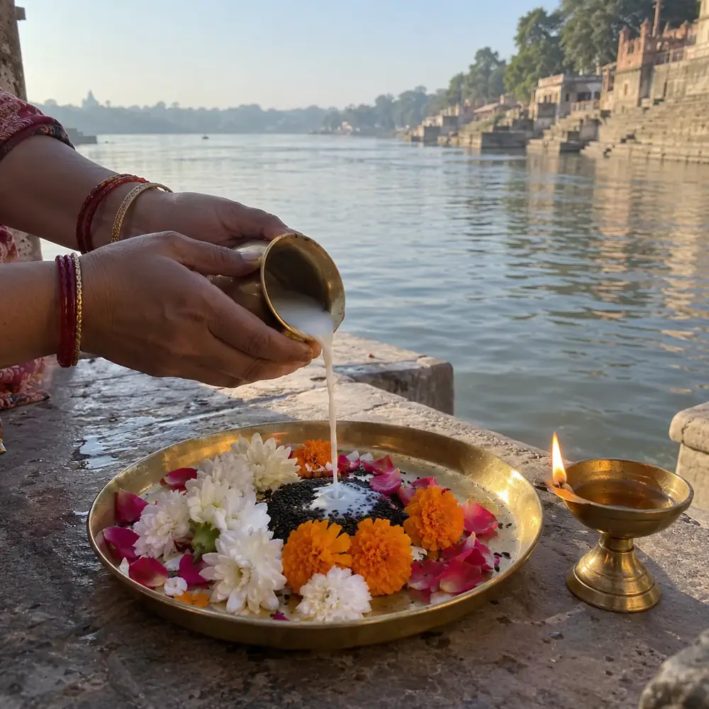 Milk poured onto a plate of flowers by the Narmada, an illustration for the puja
