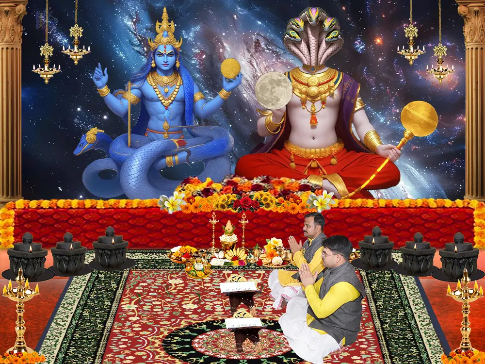 Illustration of serpent deities above two priests seated at a puja, not a photograph