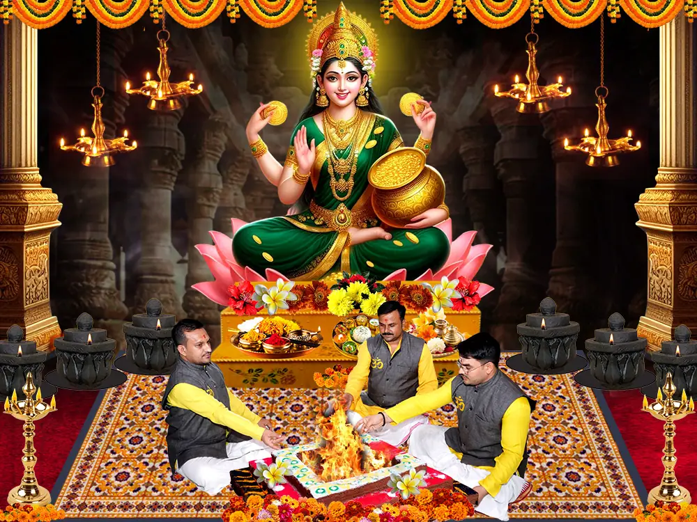 Illustration of Lakshmi seated on a lotus with priests at a havan below