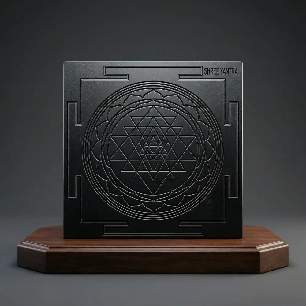 Black carved Shree Yantra block on a wooden stand