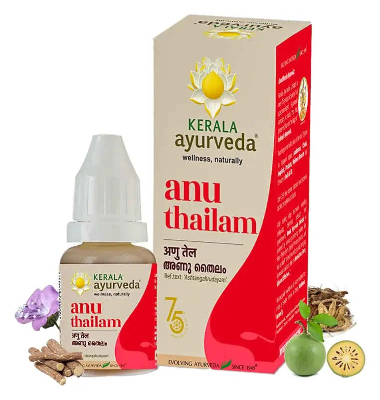 Small bottle of Kerala Ayurveda Anu Thailam with its box