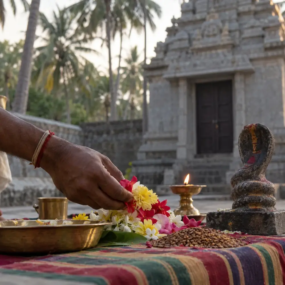 Hand offering flowers before a stone temple with a stone snake figure beside a lamp