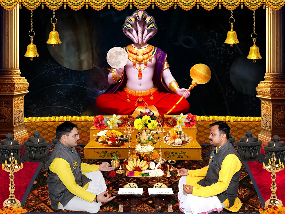 Illustration of Ketu with two priests seated at a puja, not a photograph