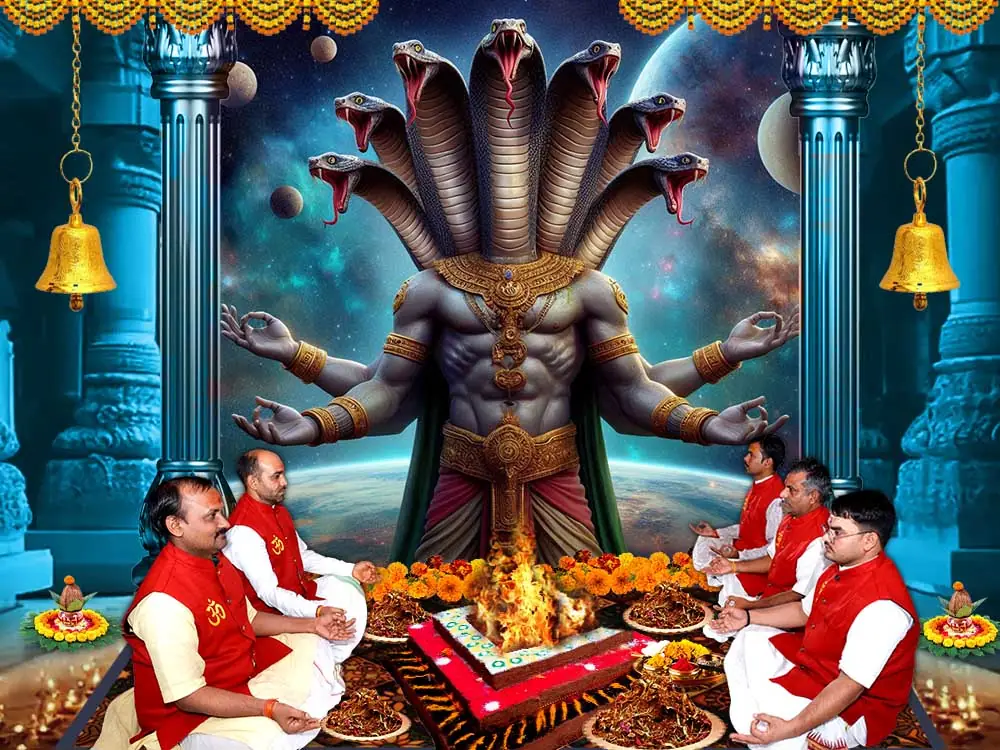 Illustration of a multi-headed serpent figure with priests at a havan below