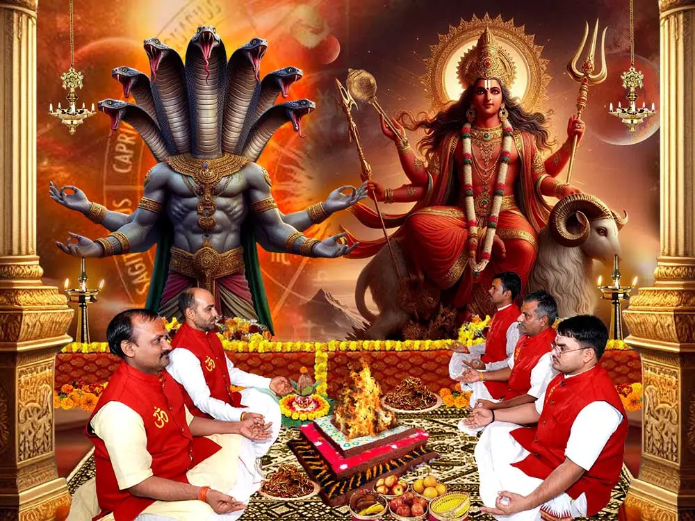Illustration of the deity with priests at a puja, not a photograph