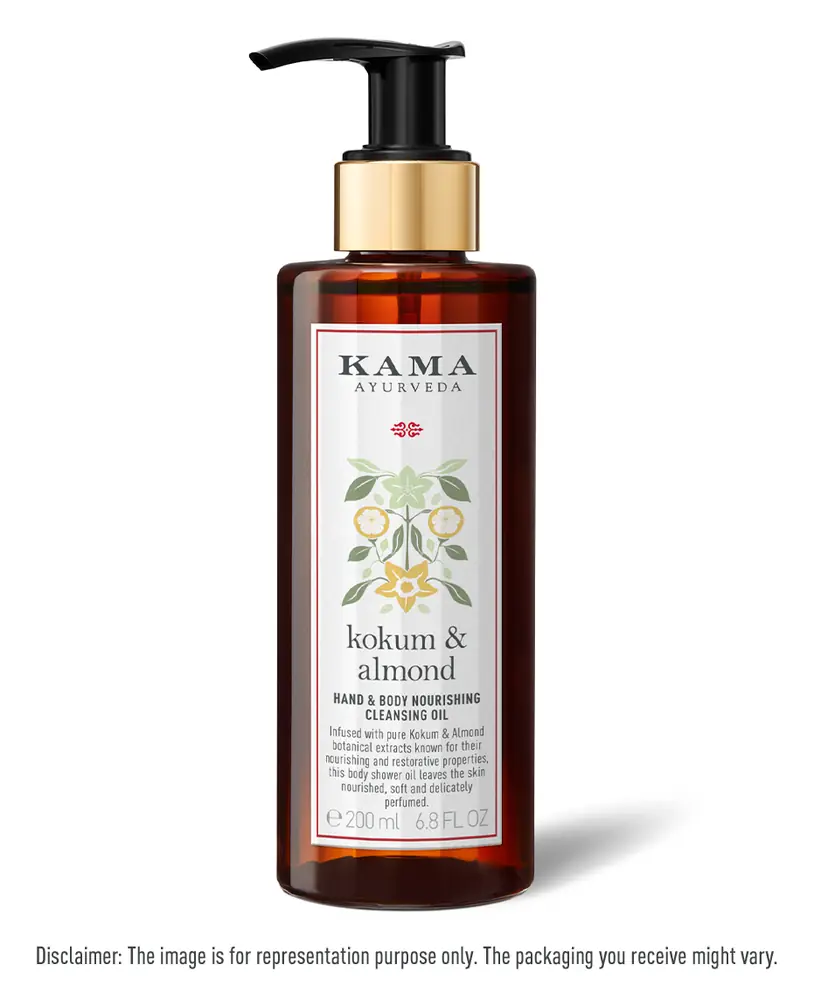 Brown glass pump bottle of Kokum Almond Hand and Body Nourishing Cleansing Oil