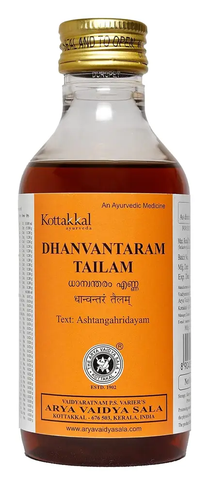 Front of the Kottakkal Dhanvantaram Tailam bottle