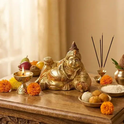 The idol on a wooden table with incense, sweets and a lamp