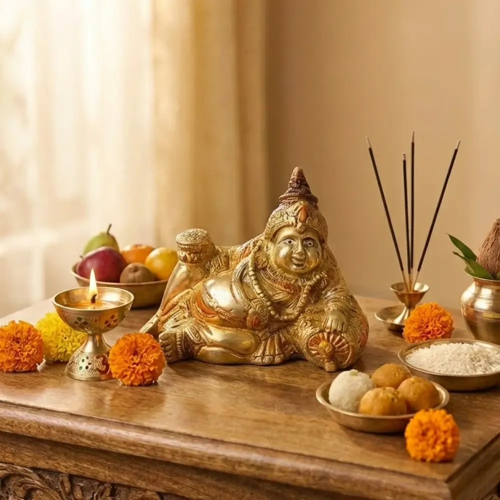 The idol on a wooden table with incense, sweets and a lamp