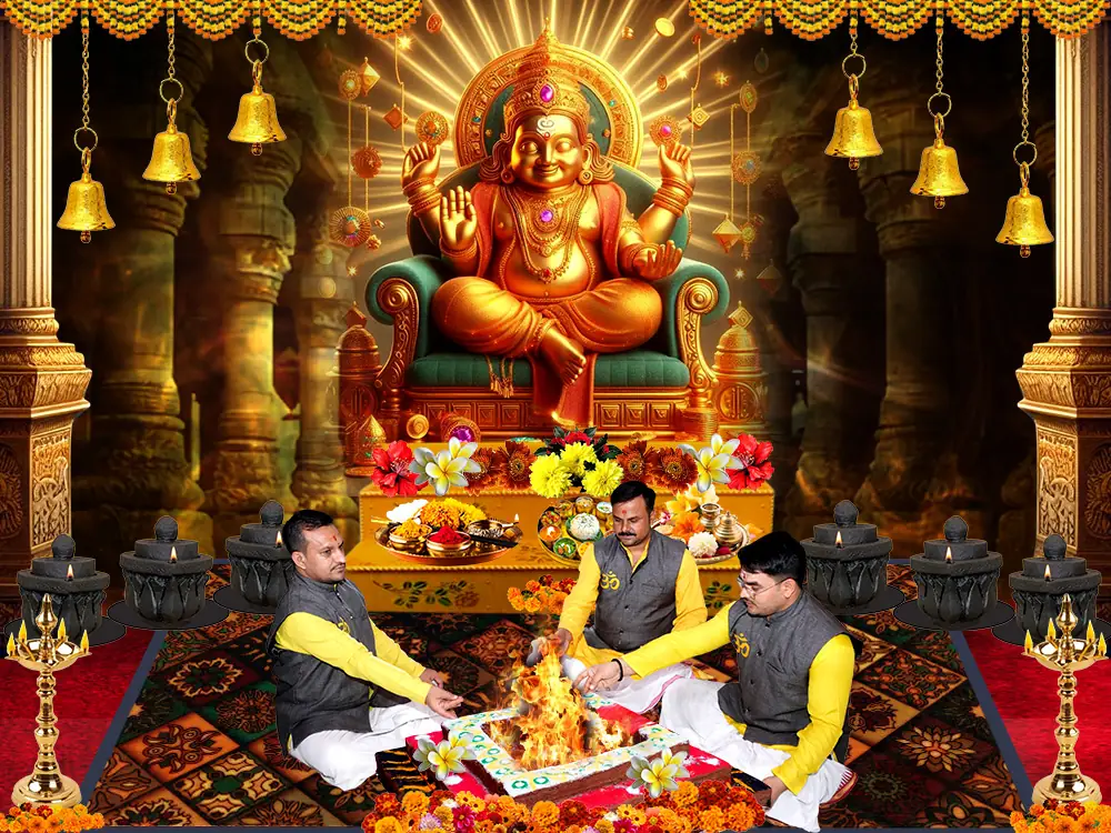 Illustration of the deity with priests at a puja, not a photograph