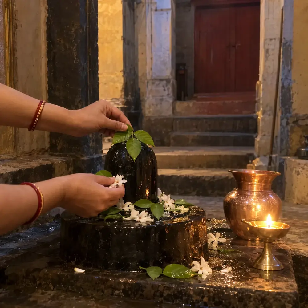 Hands offering flowers on a Shiva lingam beside a brass pot and lamp at a stone shrine