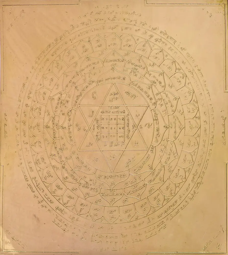 Copper Lakshmi-Kubera yantra plate with engraved rings and text