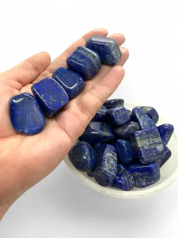 A hand holding several tumbled lapis lazuli stones