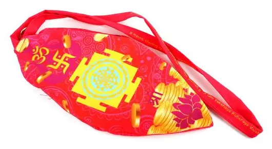 Red gomukhi bag with a Shri Yantra print
