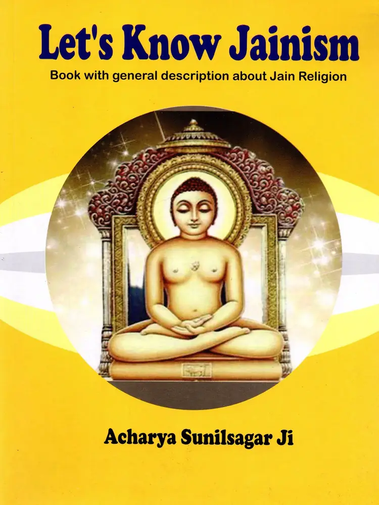 Yellow cover of Let's Know Jainism with a golden seated Tirthankara