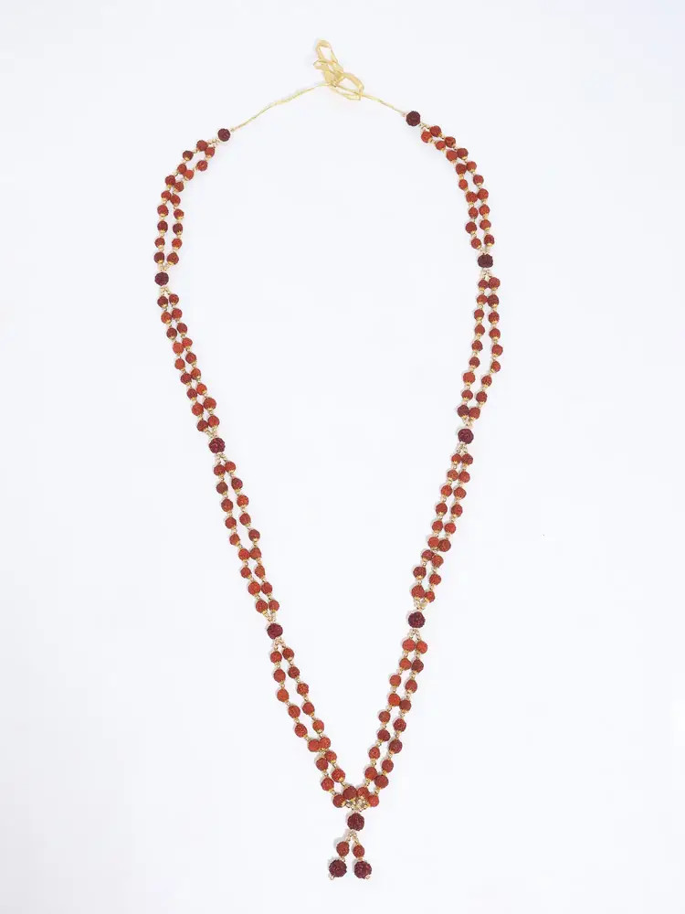 Long double-strand rudraksha necklace laid out