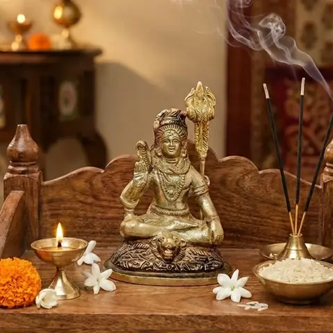 The idol on a wooden shelf with lamps, incense and flowers