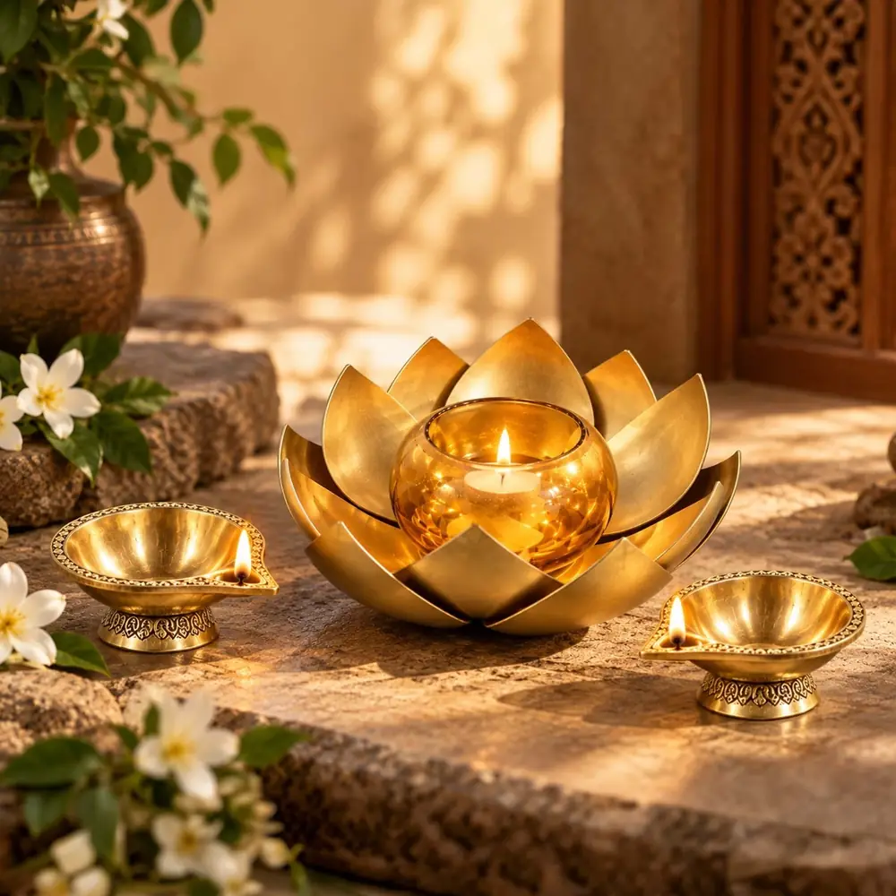 Golden lotus lamp with a small brass diya on each side, on a stone ledge