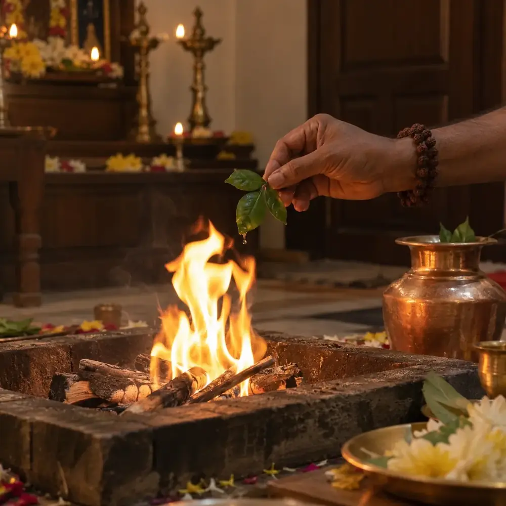 A hand offering into a homam fire, with a copper vessel and lamps behind