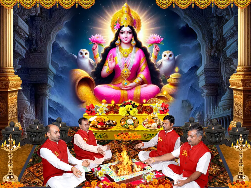 Illustration of Lakshmi seated on a lotus with priests at a havan below