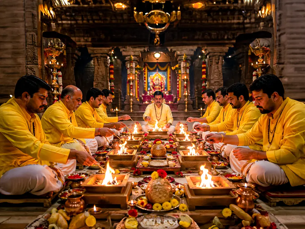 Priests in yellow seated around several havan fires in a decorated hall
