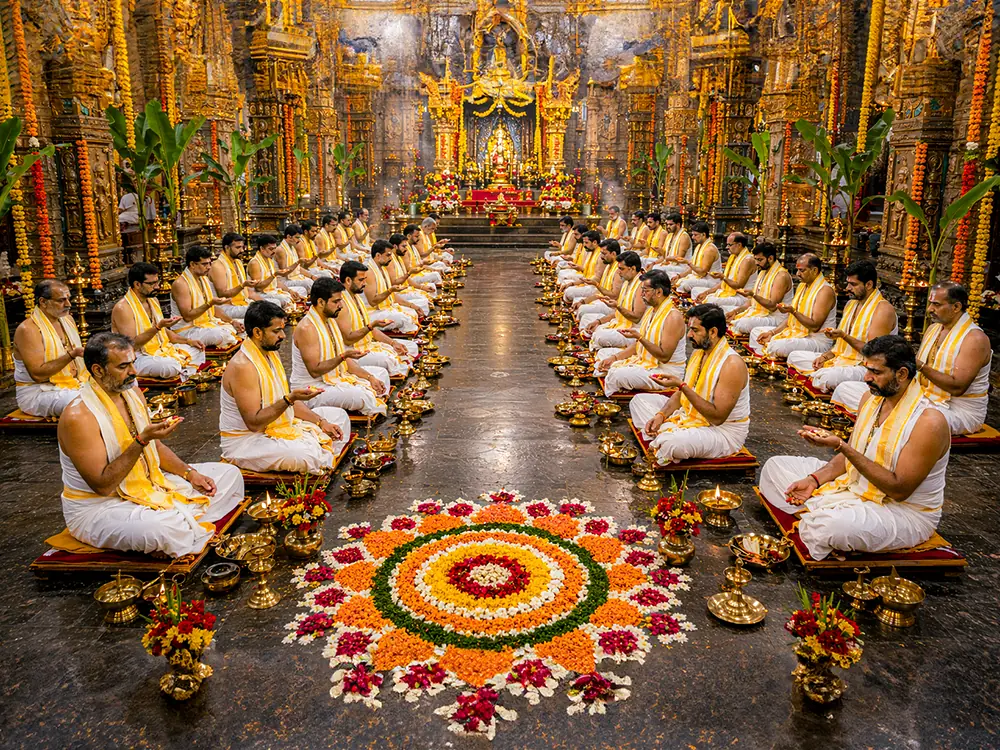 Rows of priests seated facing each other in a hall with a rangoli at the centre