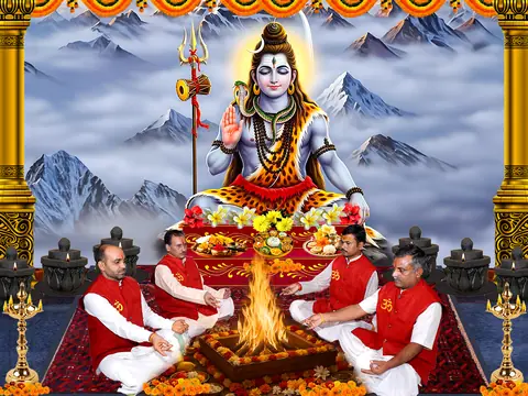 Illustration of Shiva on a mountain with priests at a havan below