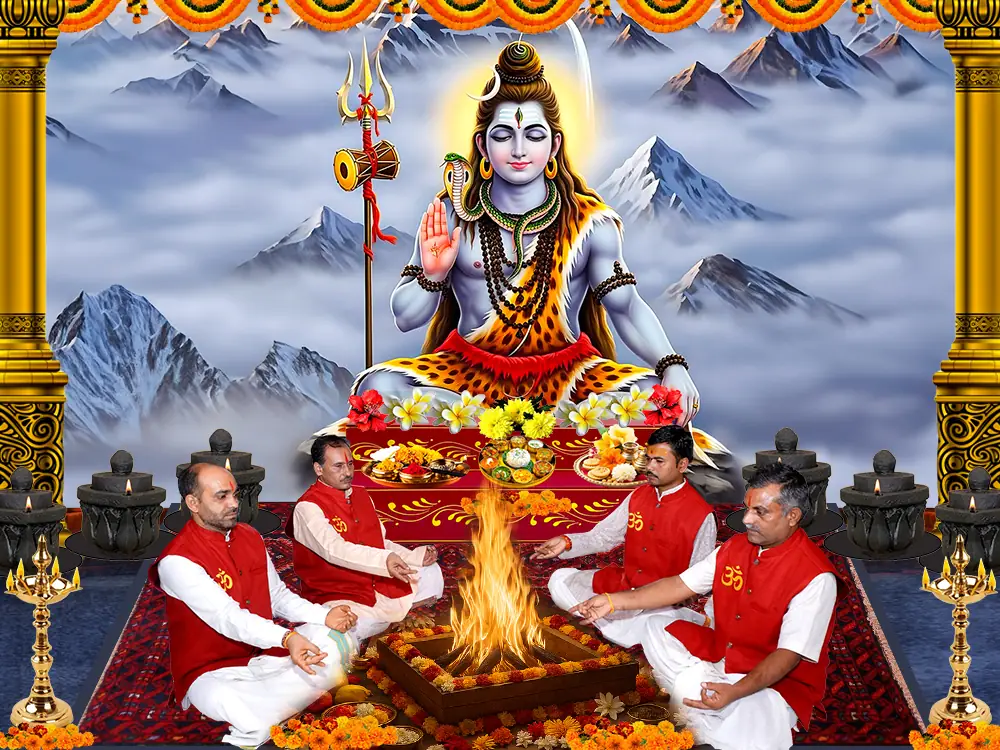 Illustration of Shiva on a mountain with priests at a havan below