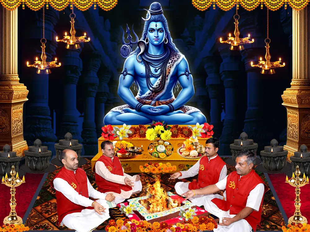 Illustration of Shiva seated in meditation with priests at a havan below